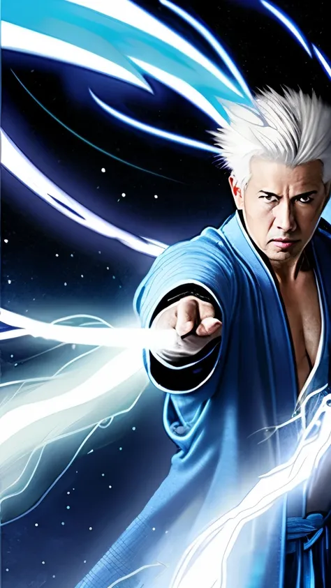 White-haired middle-aged man with lightning bolts in his hands, blue Daoist robes, strong