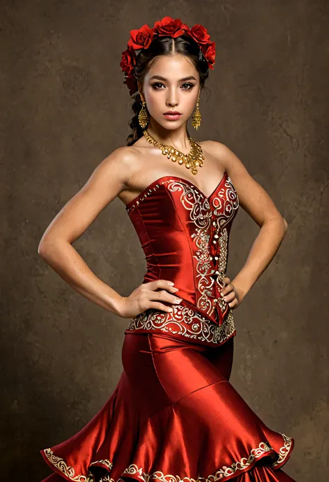 red flamenco costume, full body, one girl, (flat chest,), dancing flamenco,
(((brown eyes:1.3))), complex eyes, beautifully detailed eyes, symmetrical eyes, ((((shiny skin:1.5, very shiny skin, beautifully detailed lips, one tall girl, beautiful face,
sens...