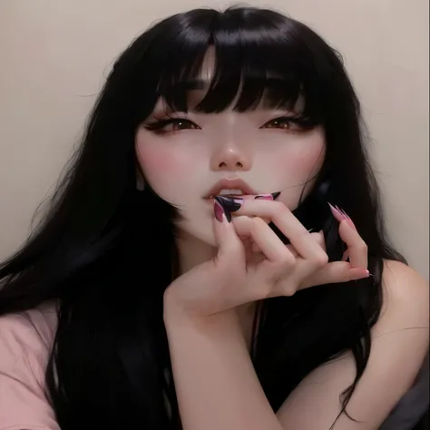 Araffe Asian woman with long black hair and a pink shirt, cruel korean goth girl, ulzzang, goth girl aesthetic, long claws, with index finger, It&#39;s Junji&#39;s style, Gothic aesthetic, pale gothic beauty, 👅 👅, with fingers, anime vibes, e - girl, aesth...