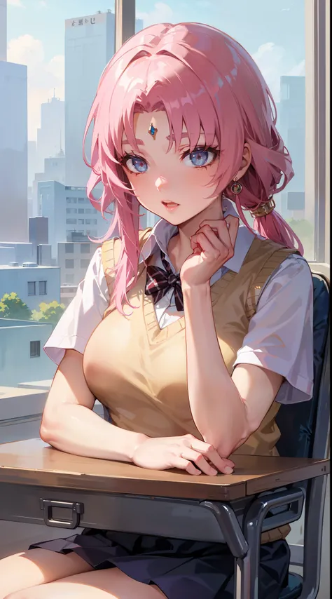 pink eye, pink hair,
BREAK (otonokizaka , pleated skirt, , short sleeves, skirt, summer uniform, sweater vest, yellow sweater vest,:1.2)
BREAK  sitting in an office chair, on a desk,
BREAK (masterpiece:1.2), best quality, high resolution, unity 8k wallpape...