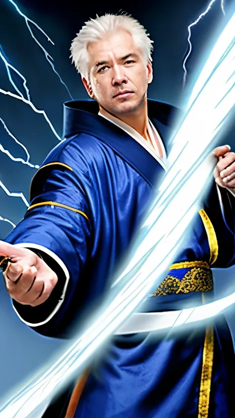 White-haired middle-aged man with lightning bolts in his hands, blue Daoist robes, strong