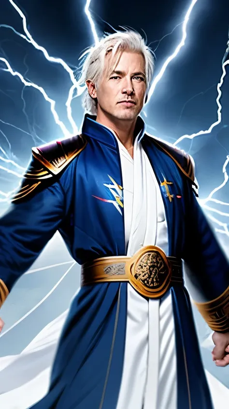 White-haired middle-aged man with lightning bolts in his hands, blue Daoist robes, strong