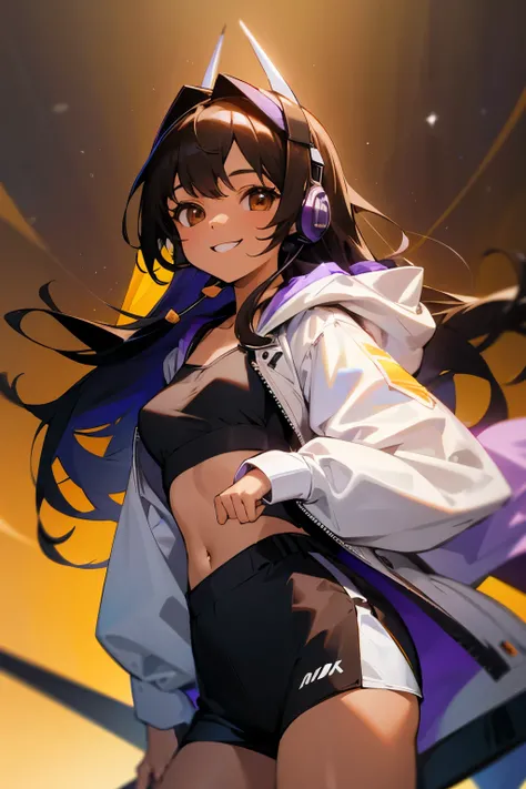 girl, long black hair, light brown skin, brown eyes, (headset with mic), white jacket with hood and purple underside, black cami top, black shorts, smiling