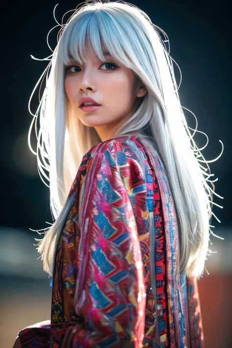 Masterpiece, high quality, high resolution, 8K, (solo:1.2), ((1girl)), Japanese woman, detailed face, detailed eyes, correct body structure, upper body, ((White hair:1.2)), very long hair, messy hair, slender body, seductive silhouette, luminous bones, dep...