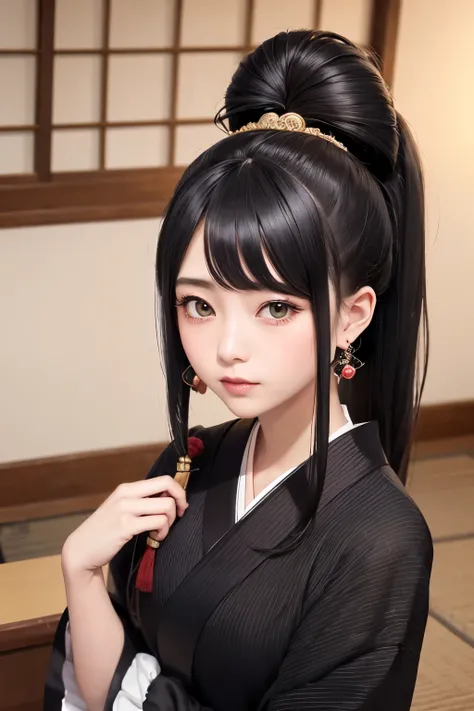 British 18th century wig、Updo、Benten、Tie your hair up on top of your head、Shamisen、Square guitar、Shamisenを持つ、Mourning clothes、Black clothes、30-year-old woman、Hair Extensions、日本のOiran hairstyle、Oiran hairstyle、Oiran&#39;s Hair、Shamisen、White skin、Red eyesha...