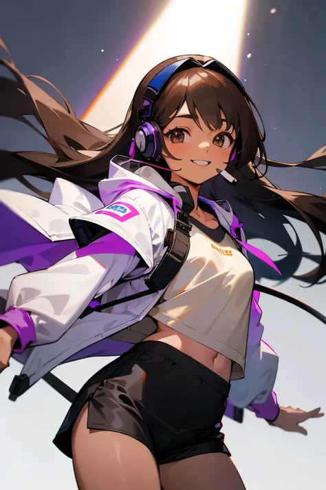 girl, long black hair, light brown skin, brown eyes, (headset with mic), white jacket with hood and light purple underside, black cami top, black shorts, smiling