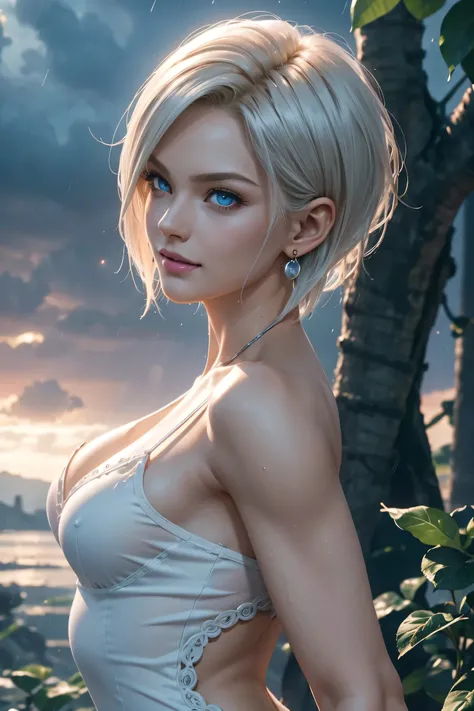 The best one,Dragon Ball Z,Number 18,Beautiful white blonde short cuts,One Length,Beautiful blue eyes,Silver Ring Earrings,Photorealistic,Ultra HD,high quality,masterpiece,Digital SLR,Detailed details,Intricate details,Anatomical basis,Depicted in detail,A...