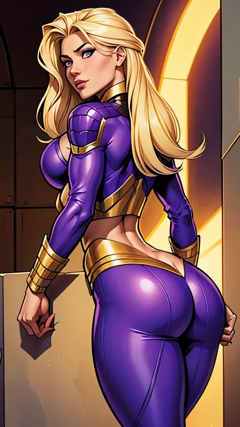 .21 years old woman , long and smooth blonde tone hair, bright and expressive purple eyes, she opted for a mercenary outfit. Booty, busty. Comic style. Marvel comics