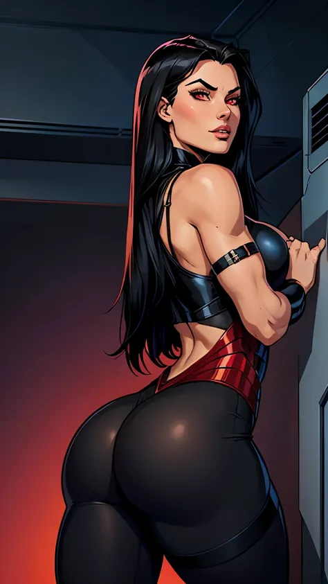 .21 years old woman , long and smooth black tone hair, bright and expressive red eyes, she opted for a mercenary outfit. Booty, busty. Comic style. Marvel comics