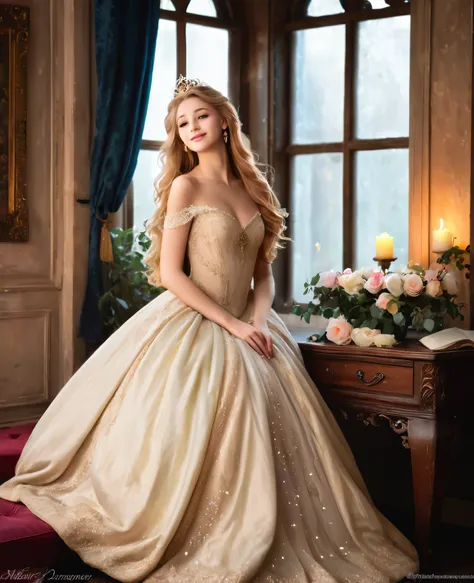 princess, blissful languor, dreamy gaze, beautifully adorned gown, enchanting castle, golden tiara, flowing golden hair, sparkli...