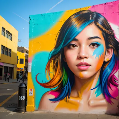 Street Art, Showcase the vibrant energy of a girl with medium-length hair posing against a backdrop of colorful street art, Emphasize the interaction between the subject and the urban art, creating a dynamic composition, (best-quality, masterpiece, photo-r...