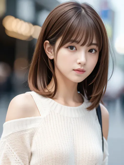 Ultra-high resolution, Superior Quality, Highest quality, Super detailed, Realistic, 8k, RAW Photos, Highest quality, masterpiece, Attractive girl, A wonderful girl, Brown Hair, Shoulder-length layered, Asymmetrical bangs, K-Pop Idols, Sophisticated, styli...