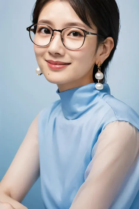 A Japanese woman, ((wearing rimless glasses)), wearing pearl earrings, slight smile, red lips, surrealism, high detail, film grain, panoramic, super high resolution, precise, pore-level skin, detailed face, detailed eyes