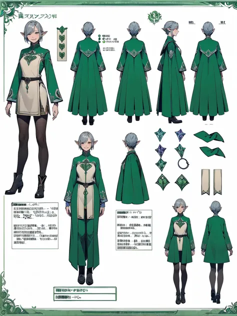 (masterpiece:1.2),(Highest quality),(High resolution),(Highest quality),Magical silver-haired tomboy elf woman,(((smile))),Green-based wizard clothing,(((Detailed character sheet,Front view,Side view,Mr.々Views)))