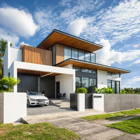 Masterpiece, high quality, best quality, authentic, super detail, outdoors, house style modern,bietthuhn, white wall, glass windows, gate road,pavement, grass, trees,blue sky, cloud, (day:1.1), realistic lighting