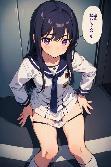 Elementary school girl, 8 years old, flat chest, black hair, long hair, purple eyes, embarrassed expression（One person） White sailor suit on the upper half, navy blue miniskirt on the lower half　White panties（（I can see her panties））White socks　Taking off ...