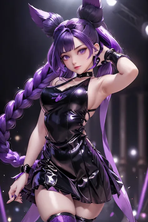 a young girl with long, dark purple hair tied into twin tails, wearing an elegant witch dress in black with purple and gold acce...