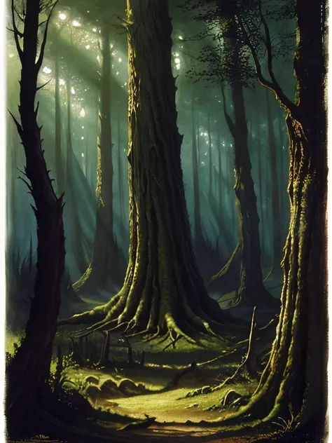 there are two birds that are sitting on a tree, dark fantasy art, dark fantasy mixed with realism, dark fantasy forest, by John Howe, fantasy dark art, painting by john howe, concept art of a dark forest, dark fantasy setting, creepy forest, # mist # horro...