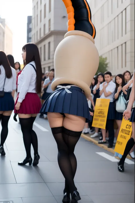 , natural lighting, masterpiece, highly detailed, realistic, 8k resolution, high quality, aichan, city, pleated miniskirt, (lace panties:0.8), narrow waist, (cell vore), (tail vore:1.3), struggling, ass view, thigh highs, (schoolgirl crowd)