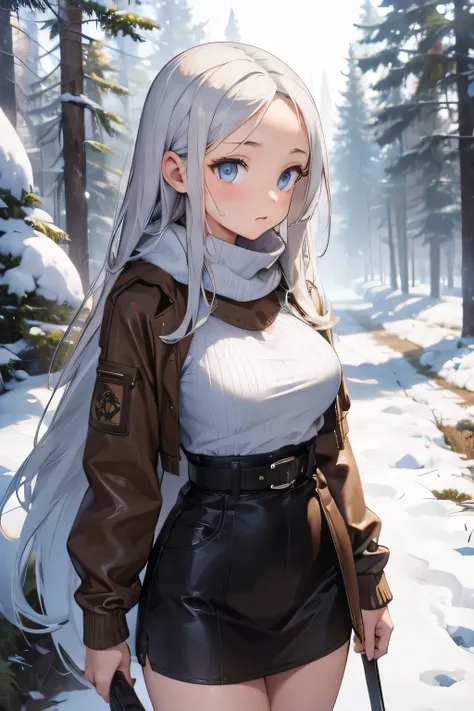 1 girl, single girl, cute, long white hair, light blue eyes, big breasts, big hips, primitive animal skin clothing, primitive clothing, torn brown top, torn brown short skirt, torn fur clothing, torn clothing, in a snowy forest, snow