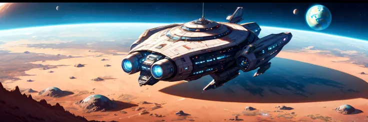 A spaceship arriving on an Earth-like planet, very detailed. a few kilometers from the planet.