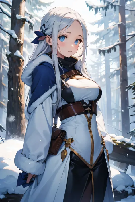 1 girl, single girl, cute, long white hair, light blue eyes, big breasts, big hips, dressed in eso fur, wild animal world, eso fur clothing, in a snowy forest, snow