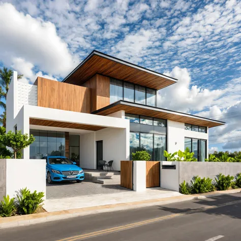 Masterpiece, high quality, best quality, authentic, super detail, outdoors, house style modern,bietthuhn, white wall, glass windows, gate road,pavement, grass, trees,blue sky, cloud, (day:1.1), realistic lighting