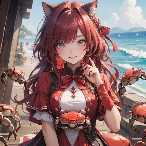 (masterpiece), Highest quality, Ultra-high resolution,Cat with scarlet ribbon、Scarlet-colored hair、Scarlet-colored eyes、Scarlet clothing、(crab:1.3)、Ocean、smile、Piece Pose