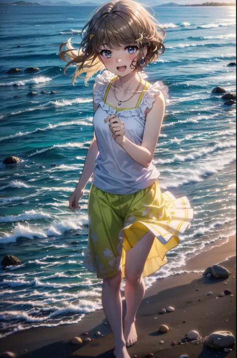 tomoekoga, Chie Koga, Long Hair, Brown Hair, blue eyes, Hair Clip,happy smile, smile, Open your mouth,Yellow tank top shirt,No sleeve,Shell Necklace,Long skirt,barefoot,barefoot,Walking,True Summer,Daytime,Hair is fluttering in the wind,Sandy Beachで散歩している,...