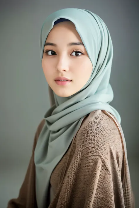 Create an image of a young Japanese woman, aged between 19 and 22 years old, wearing a hijab and posing in a photo studio. The background should be plain, preferably a neutral color like light gray or white, to keep the focus on her face and attire.

Ensur...