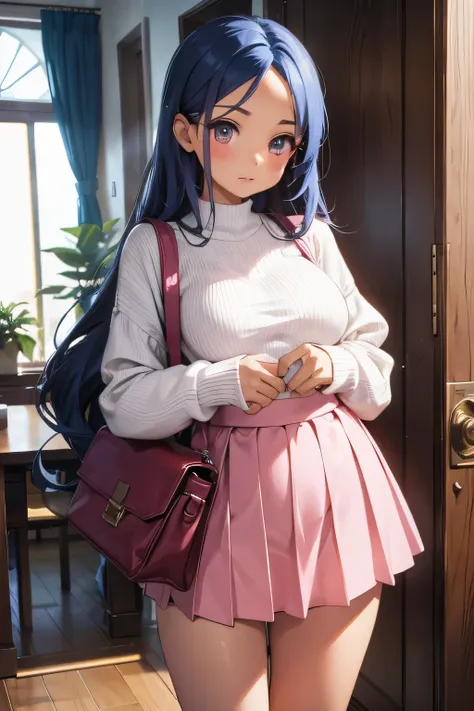 1 girl, single girl, sexy girl, wavy blue hair, dark skin, tanned skin, big breasts and wide hips, pink top with a sweetheart neckline, a small white sweater, a small dark pink skirt, a long pink boot, a mini bag , in an penthouse, sugar daddy