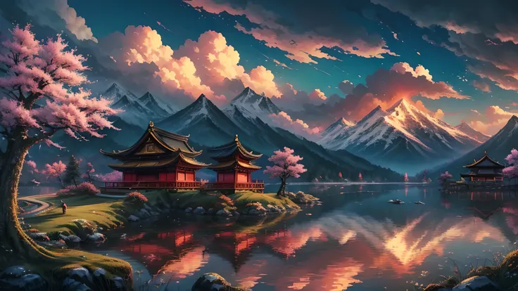 Chinese style，Fairy tale novel scenes，Takayama，spring，The tree，The attic surrounded by mountains reflects the colorful clouds，In the distance, The crane flew away，Shrouded in clouds，Ultrafine，8K，Best quality，masterpiece，oc rendering，Detailed depiction，Acur...