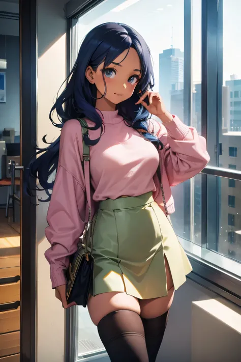 1 girl, single girl, sexy girl, wavy blue hair, dark skin, tan skin, big breasts and wide hips, pink top with a sweetheart neckline, a small white sweater, a small dark pink skirt, a long pink boot, a mini bag , in an office, in a building