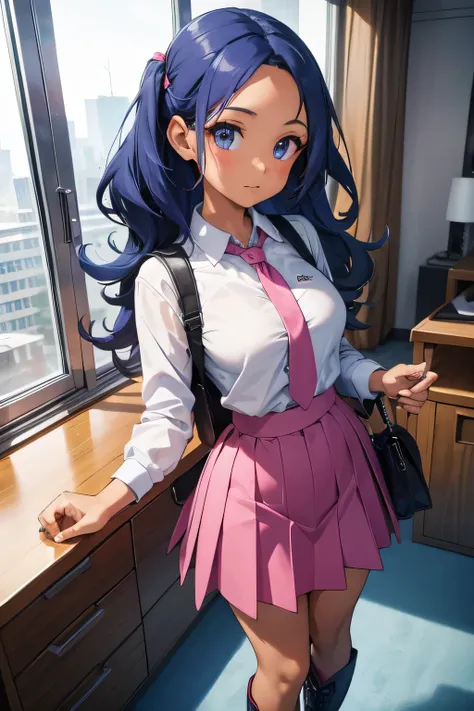 1 girl, single girl, sexy girl, wavy blue hair, dark skin, tan skin, big breasts and wide hips, pink top with a sweetheart neckline, a small dark pink skirt, a long pink boot, a mini bag , in an office, 