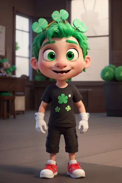 ((best qualityer)), (in 3d)), ((1 CLOVER MASCOT)) with eyes and mouth wearing a black t-shirt and wearing white gloves GREEN SHOES, BLACK PANTS