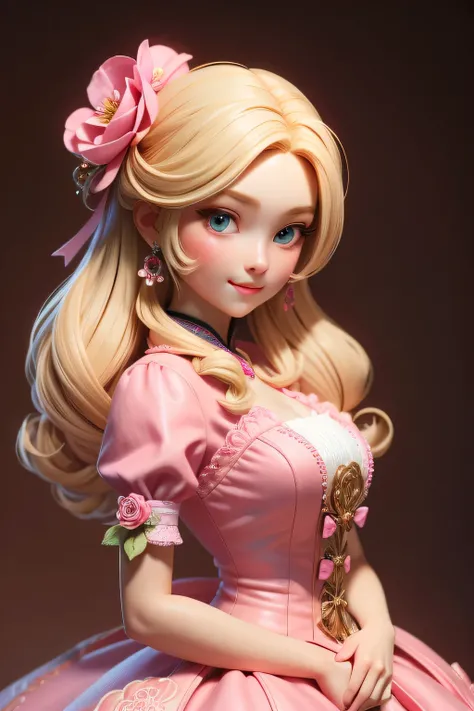 3DMM style, (Masterpiece artwork, best qualityer), details Intricate, 1girl, solo, hair blonde, flower hairpin, pink dress looking at the viewer,