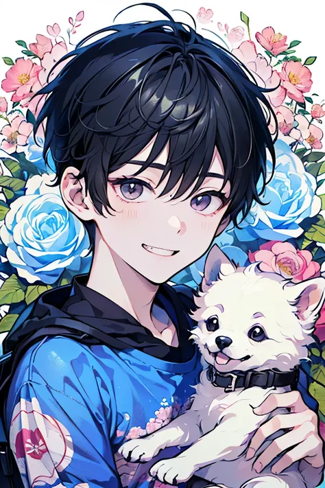 ((young boy:1.1)),((A boy about 5 years old:1.2)),((Shota:1.2)),(Oversized floral T-shirt:1.35),Prompt: An incredibly charming  carrying a backpack, accompanied by her adorable puppy, enjoying a lovely spring outing surrounded by beautiful  flowers and nat...