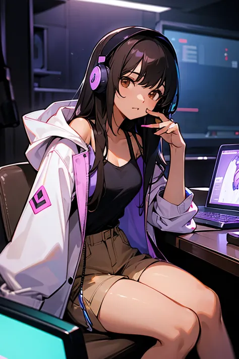 woman, long black hair, light brown skin, brown eyes, (headset mic), white jacket with hood, purple cami top, brown shorts, sitting at desk, gaming setup, neon lights