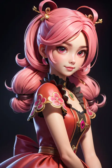 3DMM style, (Masterpiece artwork, best qualityer), details Intricate, 1girl, solo,  pink hair , flower hairpin, red dress looking at the viewer,