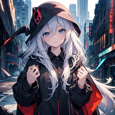 (((grim reaper&#39;s scythe)))　(((gray hair　short hair　blue eyes　girl)))，((night　full moon　my own big wings))，(wearing a hood　bl...