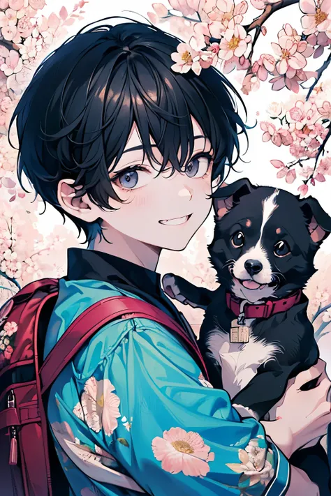 ((kids:1.1)),((A boy about 5 years old:1.2)),((Shota:1.2)),(Oversized floral T-shirt:1.35),Prompt: An incredibly charming  carrying a backpack, accompanied by her adorable puppy, enjoying a lovely spring outing surrounded by beautiful  flowers and natural ...