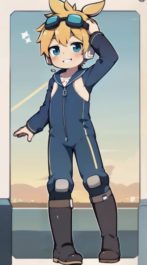 2D Boy Shota，One-piece mountaineering suit，Slim, healthy body，Put the headphones on your head，stand up，goggles，Rabbit ears，happy，Sailor collar，tie，Zipper pulled down，boots