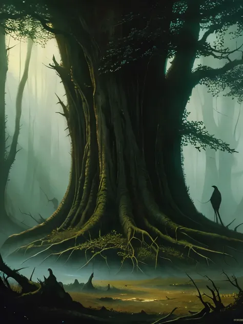 there are two birds that are sitting on a tree, a matte painting by John Howe, trending on cgsociety, gothic art, dark fantasy art, dark fantasy mixed with realism, dark fantasy forest, fantasy dark art, painting by john howe, concept art of a dark forest,...