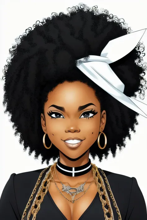 Boondocks character, a black adult woman with black curly hair that goes down to her shoulders. Wears eyeliner as she has on black chokers and necklaces, wearing a black long sleeve and a skirt that is long down to her ankle.