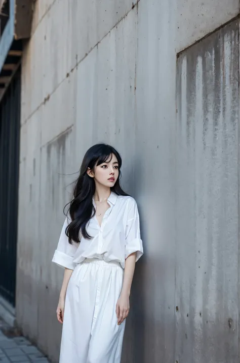 Long black hair wearing a white shirt,a woman standing in front of a wall, Ilya Kubshinov landscape, Guweiz style art work, breathtaking Ilya Kubshinov, Ilya Kubshinov. 4 thousand, Ilya Kubshinov style, digital art Ilya Kubshinov, Ilya Kubshinov(Ilya Kuvsh...