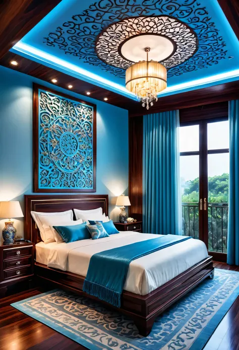 a luxurious bedroom made of rosewood decor design, intricate patterns, light blue lightings,