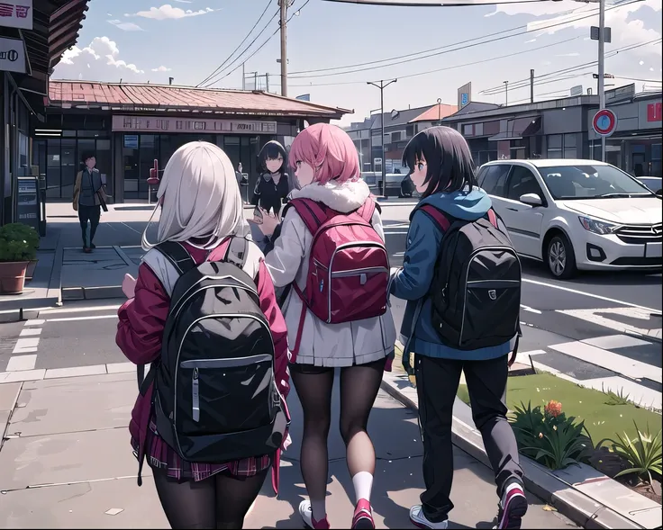 (masterpiece, best quality:1.0),hd, anime, a group of girl walking in city with backpack 