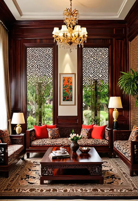 A beautiful living room made of rosewood decor design, intricate patterns,