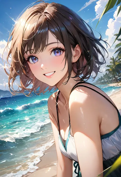 Sparkling sea and tropical ocean, Sunny sky with fluffy white clouds, Palm trees along the coast, Blur the background,Pleasant sea breeze,high school girl,Swimwear,short hair,smile,Glitter effect,Highest quality, 4K, 8K, High resolution, masterpiece:1.2, V...