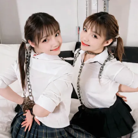 bed room,(( 2 girls)),multi-angle,Kneel sitting side by side, ((one girl front)),((the other girl form back)), Double ponytail,Shy smile,White shirt,steel collar, ((large chest)), arms turned back behind her back, Wrists tied together by a Steel handcuffs ...